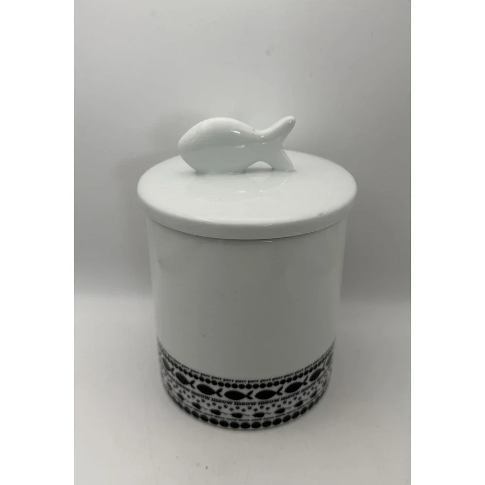 Crate & Barrel Cat Treat Canister Fish Lid Black White Ceramic 6.5